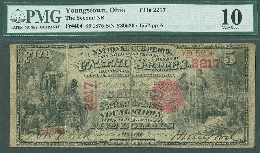 Youngstown, Ohio, Charter 2217, 1875 $5, PMG-10